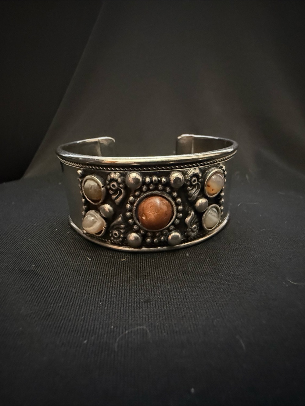 Handmade Silver-Tone Brown Agate Statement Cuff Bracelet